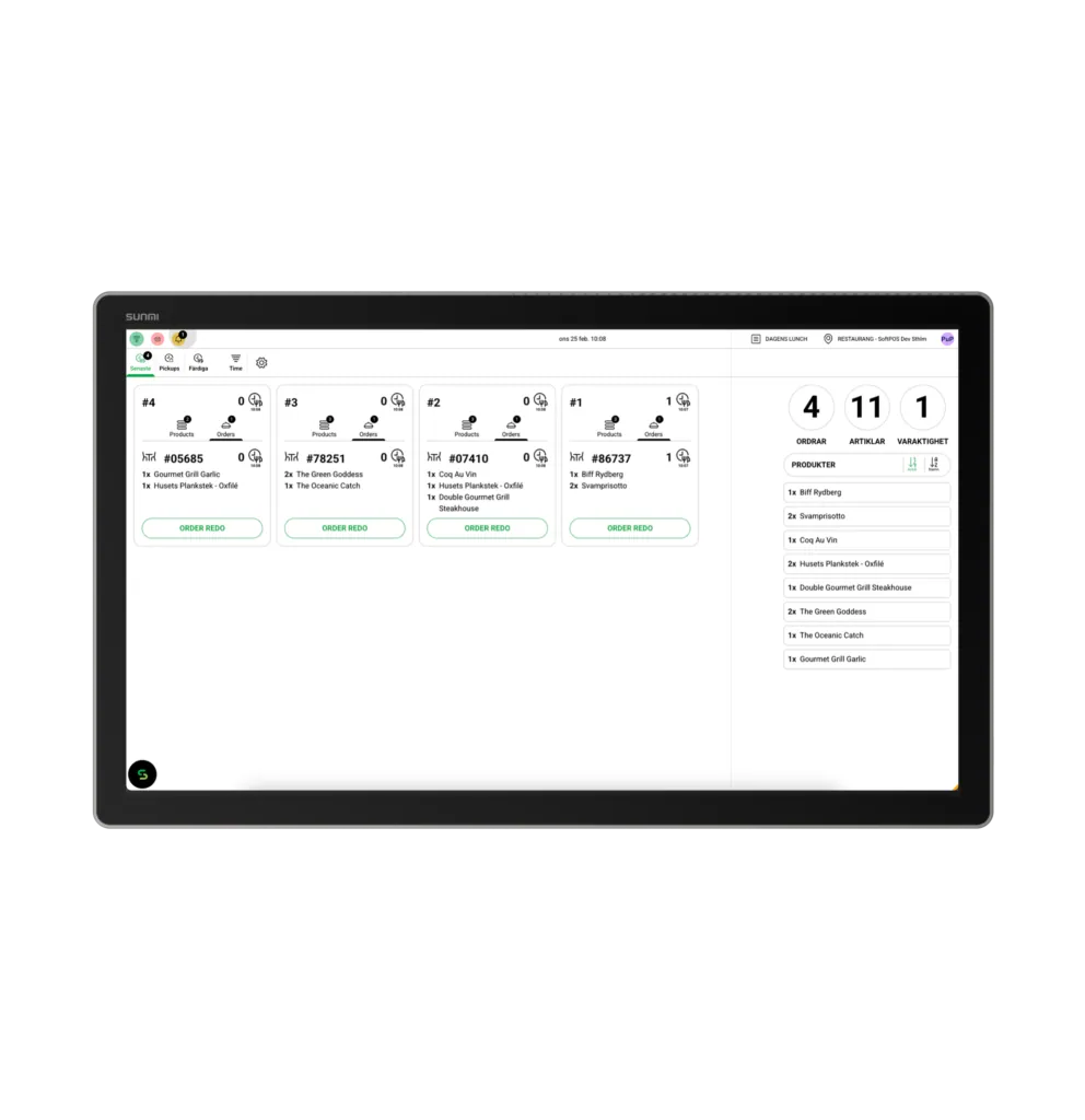 KDS-skärm med beställningar
